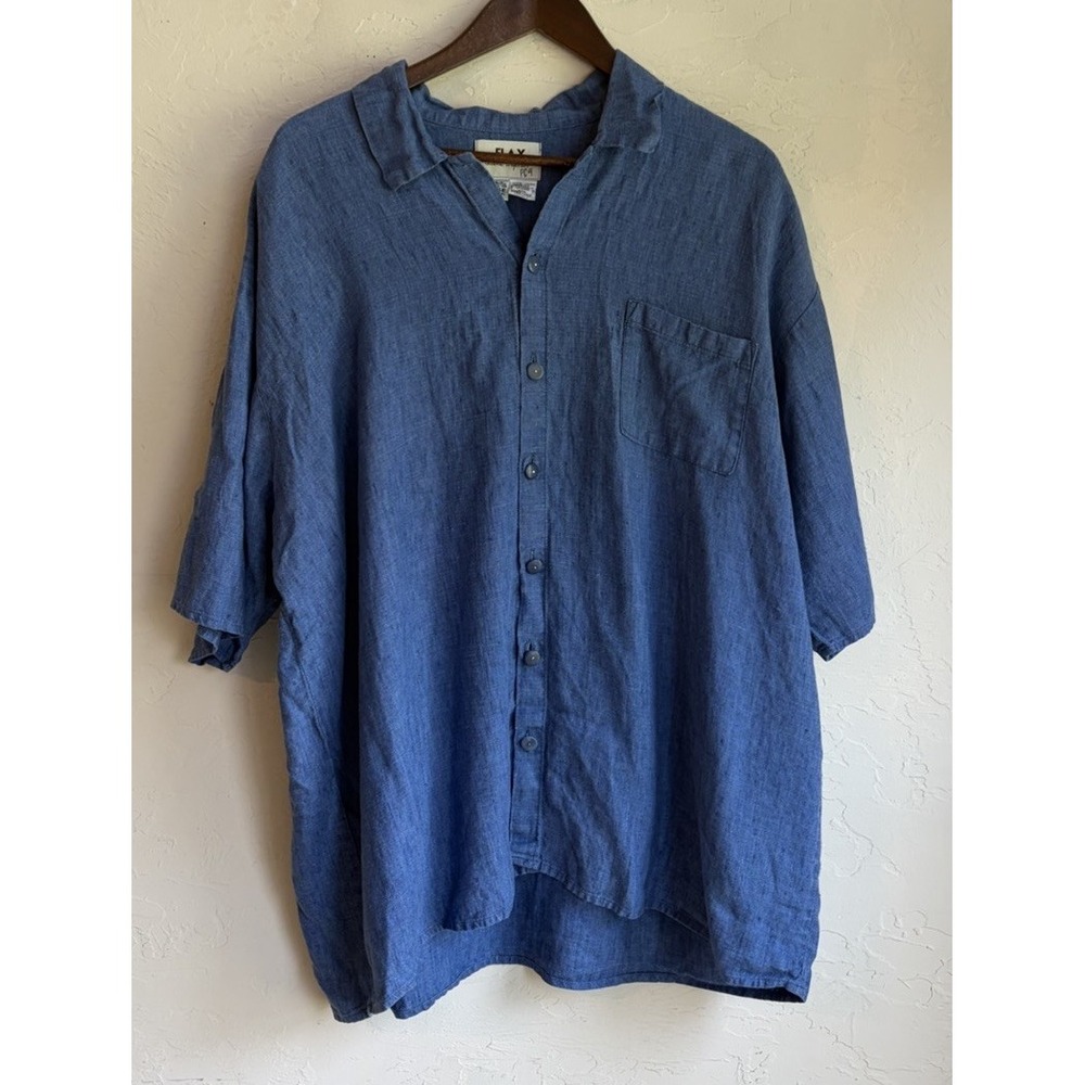 Vintage 90s FLAX 100% Linen Short Sleeve Button Up Oversized Top L Minimalist